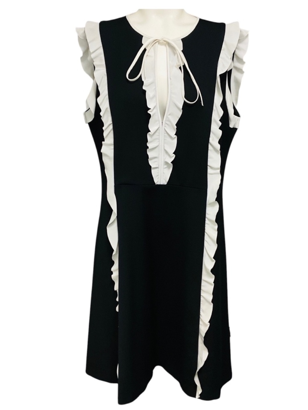 RED VALENTINO BLACK / WHITE RUFFLED CREPE DRESS